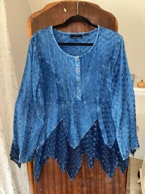 Vintage blue patchwork top Sacred Threads asymmetrical size M fairy core